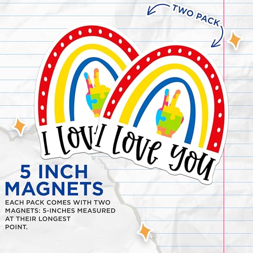 (2 Pack) I Love You Rainbow Magnets - Puzzle Piece Peace Sign - Colorful Autism Awareness - 5" On Longest Side - for Cars, Fridges, Toolboxes - Made in USA - MAG4276