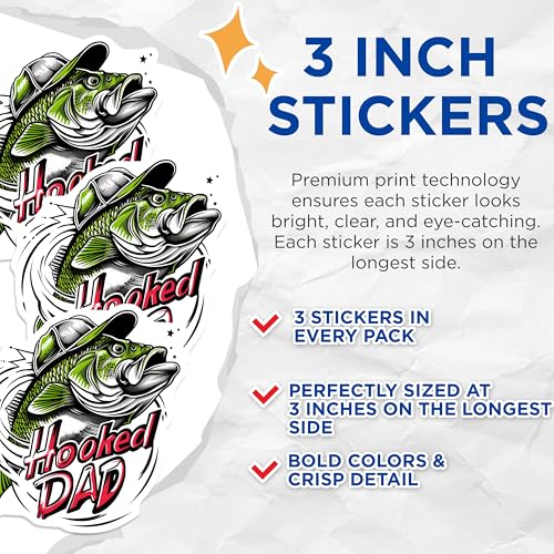 (3 Pack) Hooked Dad Decals - Bass Fishing Stickers - Father's Day Decals - 3 Inches On Longest Side - Easy Peel & Apply - Made in USA - 3MCS2268