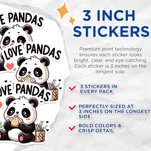 (3 Pack) Panda Decals - Love Pandas Sticker - Cute Panda Laptop Decal - 3 Inches On Longest Side - Easy Peel & Apply - Made in USA - 3MCS0236
