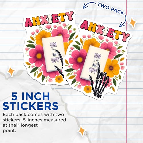 (2 Pack) Anxiety On Off Stickers - Mental Health Awareness - Skeleton Hand Floral Design Sticker - 5" On Longest Side - Sticks to Smooth Flat Surfaces - Made in USA - BMCS9761