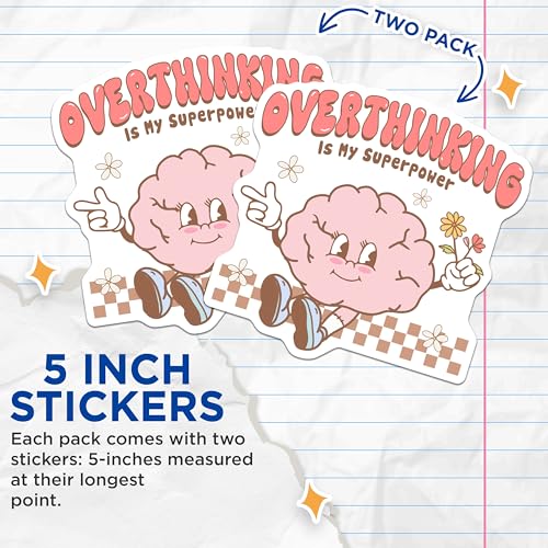 (2 Pack) Overthinking is My Superpower Stickers - Cute Brain Stickers - Motivational Quote Stickers - 5" On Longest Side - Sticks to Smooth Flat Surfaces - Made in USA - BMCS7258