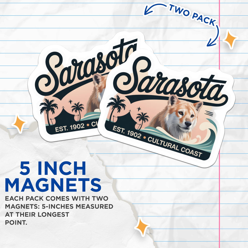 (2 Pack) Sarasota Florida Magnets - Cultural Coast - Golden Retriever Dog Lovers Souvenir - 5" On Longest Side - Premium Magnet - for Cars, Refrigerators, Toolboxes, Lockers - Made in USA - MAG18651