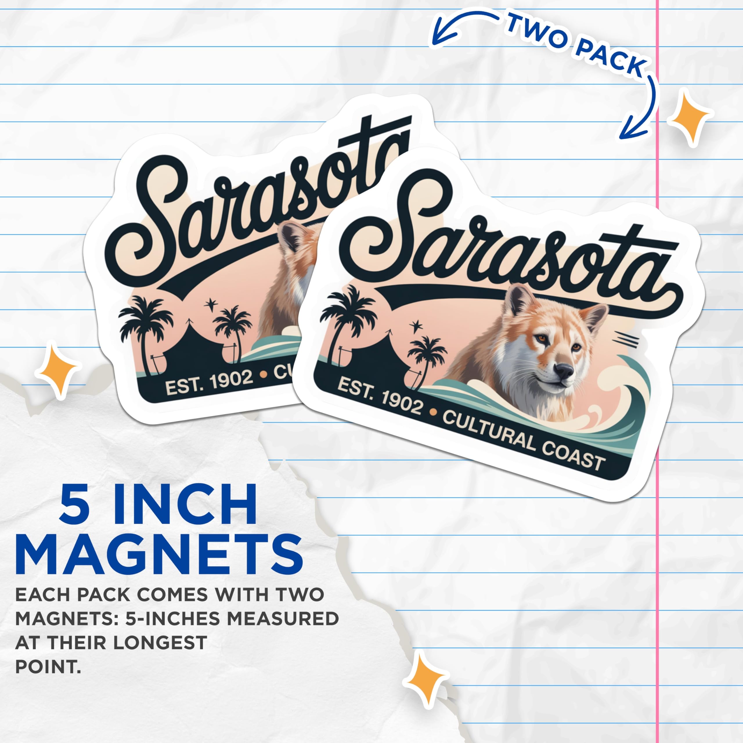 (2 Pack) Sarasota Florida Magnets - Cultural Coast - Golden Retriever Dog Lovers Souvenir - 5" On Longest Side - Premium Magnet - for Cars, Refrigerators, Toolboxes, Lockers - Made in USA - MAG18651
