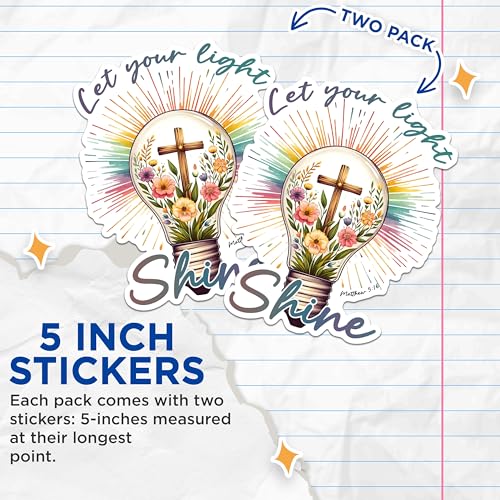 (2 Pack) Inspirational Light Shine Stickers - Matthew 5:16 Stickers - Christian Motivational Stickers - 5" On Longest Side - Sticks to Any Smooth Flat Surface - Made in USA - BMCS2830