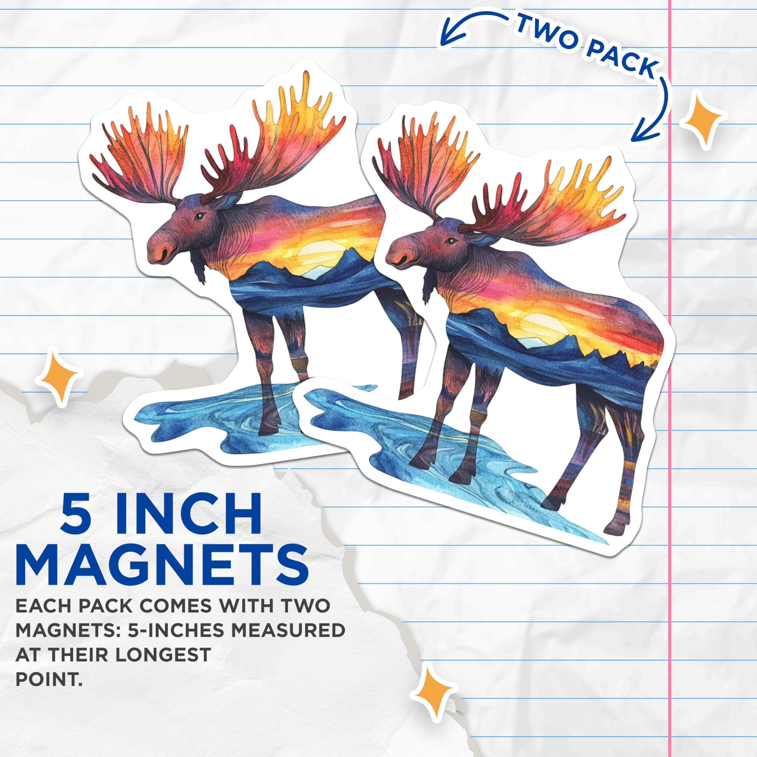 (2 Pack) Moose Magnets - Sunset Landscape - Rustic Home Decor - 5" On Longest Side - Premium Magnet - for Cars, Refrigerators, Toolboxes, Lockers - Made in USA - MAG16389