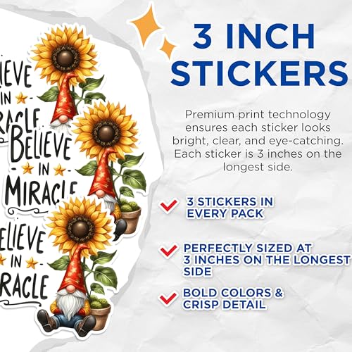 (3 Pack) Believe Miracle Decals - Gnome with Sunflower - Inspirational Sticker Decals - 3 Inches On Longest Side - Easy Peel & Apply - Made in USA - 3MCS1693