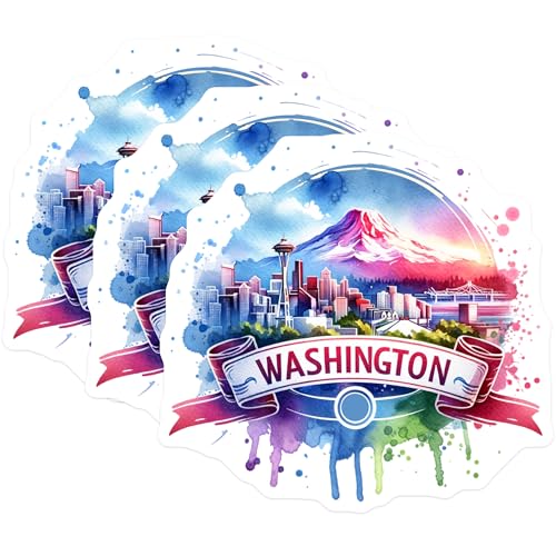 (3 Pack) Washington State Decals - Seattle Skyline - Mount Rainier Laptop Decal- 3 Inches On Longest Side - Easy Peel & Apply - Made in USA - 3MCS5976