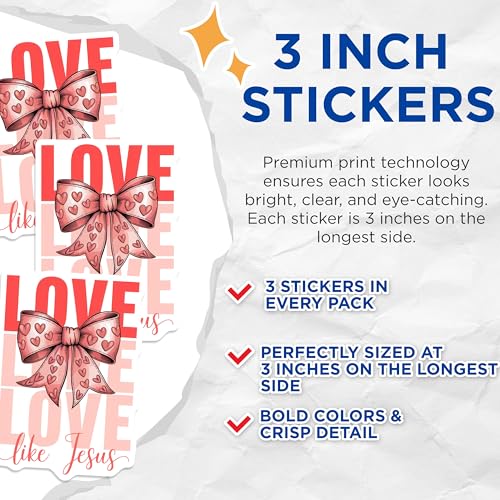 (3 Pack) Love Like Jesus Decals - Heart Bow Decal - Religious Stickers - Christian Decal - 3 Inches On Longest Side - Easy Peel & Apply - Made in USA - 3MCS7716