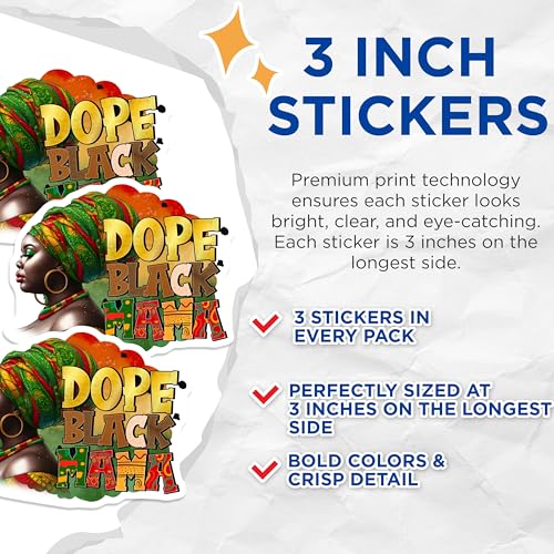 (3 Pack) Dope Black Mama Decals - African Queen - Afro Woman Sticker - 3 Inches On Longest Side - Easy Peel & Apply - Made in USA - 3MCS6612