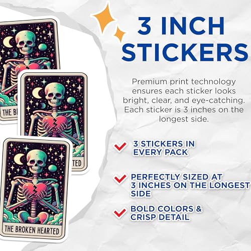 (3 Pack) Broken Hearted Decals - Skeleton Tarot Card - Laptop Decal Stickers - 3 Inches On Longest Side - Easy Peel & Apply - Made in USA - 3MCS4127