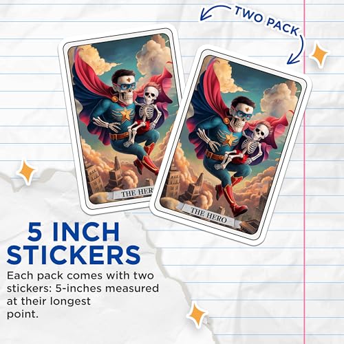 (2 Pack) Hero Skeleton Stickers - Superhero Skeleton Art - Skull Comic Stickers - 5" On Longest Side - Sticks to Smooth Flat Surfaces - Made in USA - BMCS4466