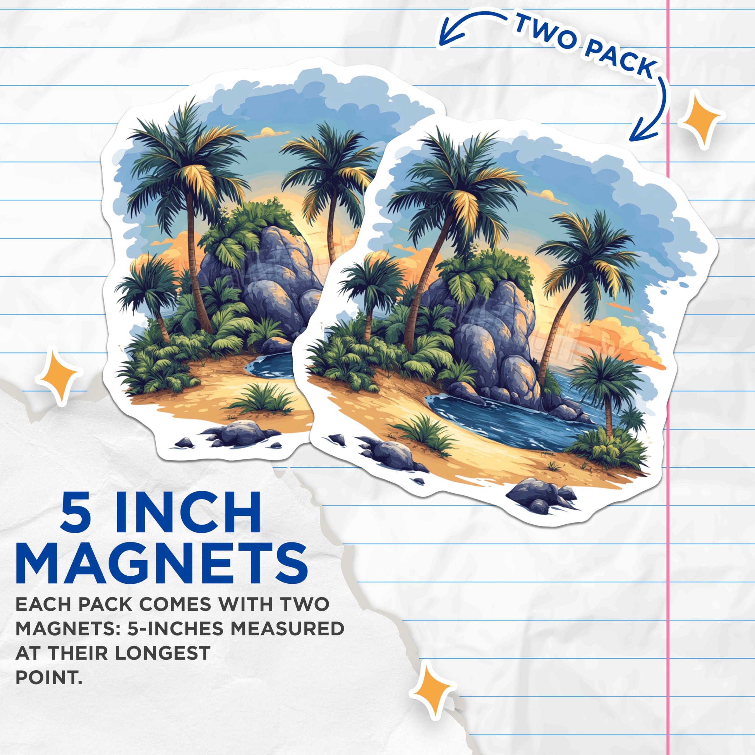 (2 Pack) Tropical Island Magnets - Palm Tree Beach Scene - Sunset Ocean View Decor - 5 Inches On Longest Side - Thick Durable Magnet - Made in USA - MAG24569