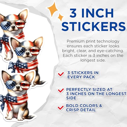 (3 Pack) Patriotic Dog Decals - Chihuahua American Flag - Cool Pup Laptop Decals- 3 Inches On Longest Side - Easy Peel & Apply - Made in USA - 3MCS5873