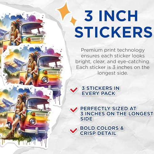 (3 Pack) Hippie Van Decals - Boho Girl Stickers - Rainbow Bus Art - 3 Inches On Longest Side - Easy Peel & Apply - Made in USA - 3MCS7598