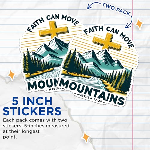 (2 Pack) Faith Can Move Mountains Stickers - Matthew 17:20 Inspirational - Religious Encouragement - 5" On Longest Side - Sticks to Any Smooth Flat Surface - Made in USA - BMCS2840