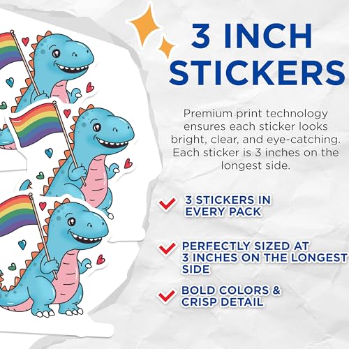 (3 Pack) Pride Dinosaur Decals - LGBTQ Support Sticker - Laptop Decal- 3 Inches On Longest Side - Easy Peel & Apply - Made in USA - 3MCS5440