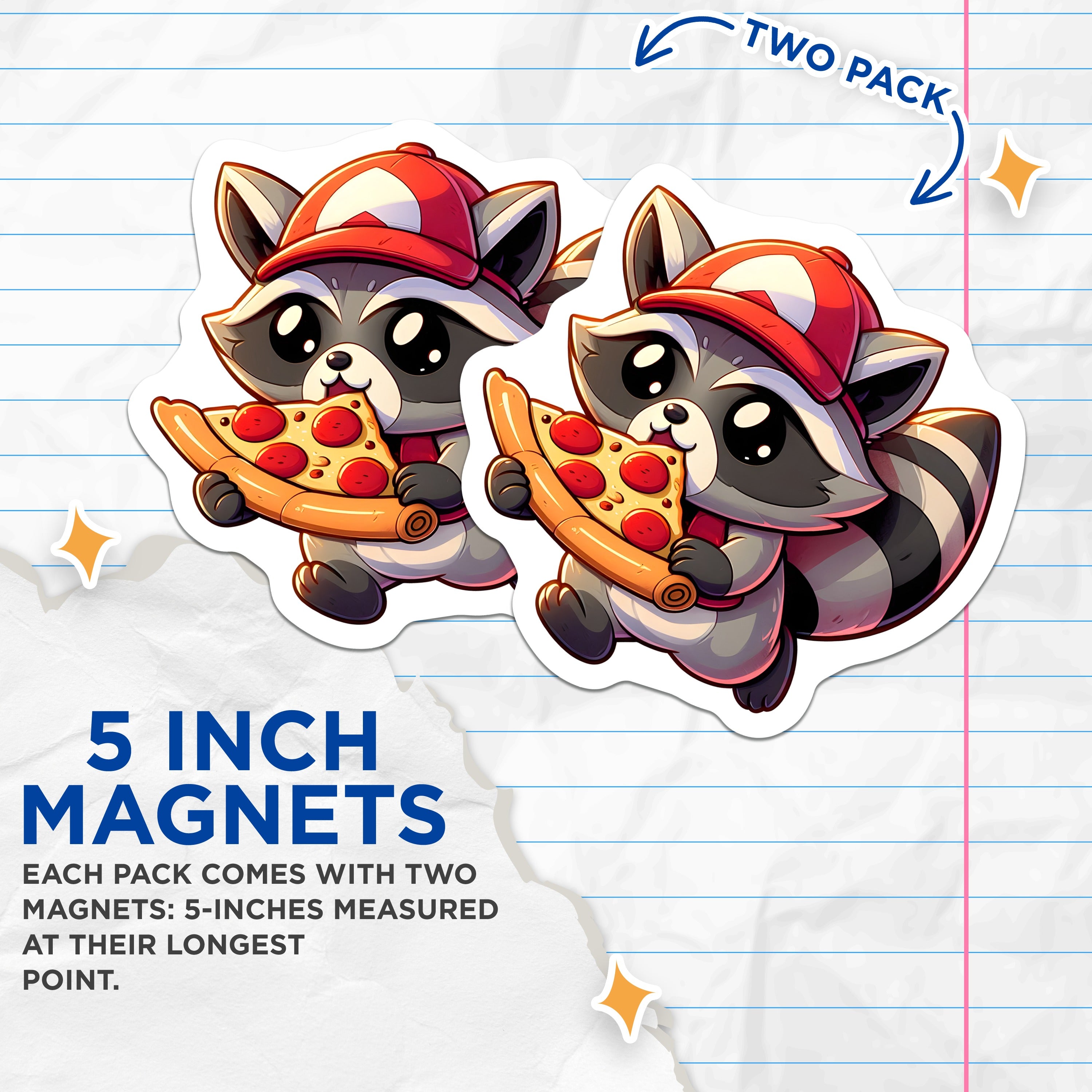 (2 Pack) Kawaii Raccoon Pizza Magnets - Cute Animal Fridge Decor - Gamer Themed Locker Accessories - Foodie Kitchen Home Decor - 5" - Durable Magnet - Made in USA - MAG37411