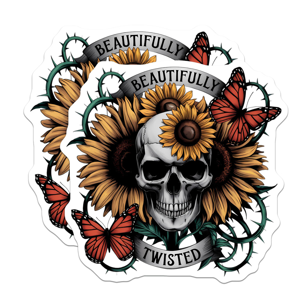 (2 Pack) Skull Sunflowers Magnets - Beautifully Twisted Art - Gothic Floral Decor - Monarch Butterfly Vines - 5 Inches On Longest Side - Thick Durable Magnet - Made in USA - MAG22183