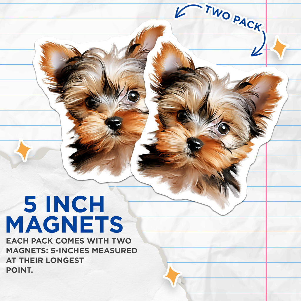 (2 Pack) Yorkshire Terrier Magnets - Cute Yorkie Puppy Art - Dog Mom Fridge Decor - Pet Owner Refrigerator Magnets - 5 Inches On Longest Side - Thick Durable Magnet - Made in USA - MAG25896