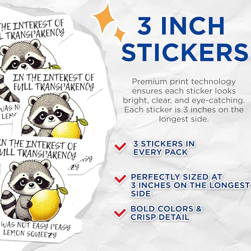 (3 Pack) Raccoon Lemon Decals - Funny Animal Stickers - Laptop Decor - 3 Inches On Longest Side - Easy Peel & Apply - Made in USA - 3MCS4549