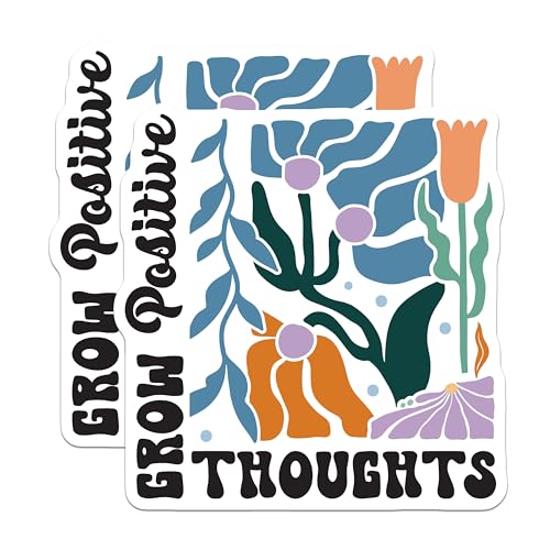 (2 Pack) Grow Positive Thoughts Stickers - Motivational Floral Stickers - Inspirational Plant Stickers - 5" On Longest Side - Sticks to Smooth Flat Surfaces - Made in USA - BMCS3837