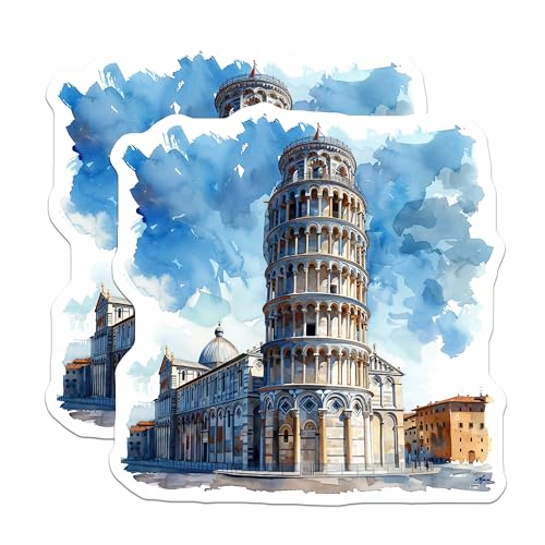 (2 Pack) Leaning Tower of Pisa Stickers - Italian Landmark Stickers - Travel Souvenir Stickers - 5" On Longest Side - Sticks to Smooth Flat Surfaces - Made in USA - BMCS5195