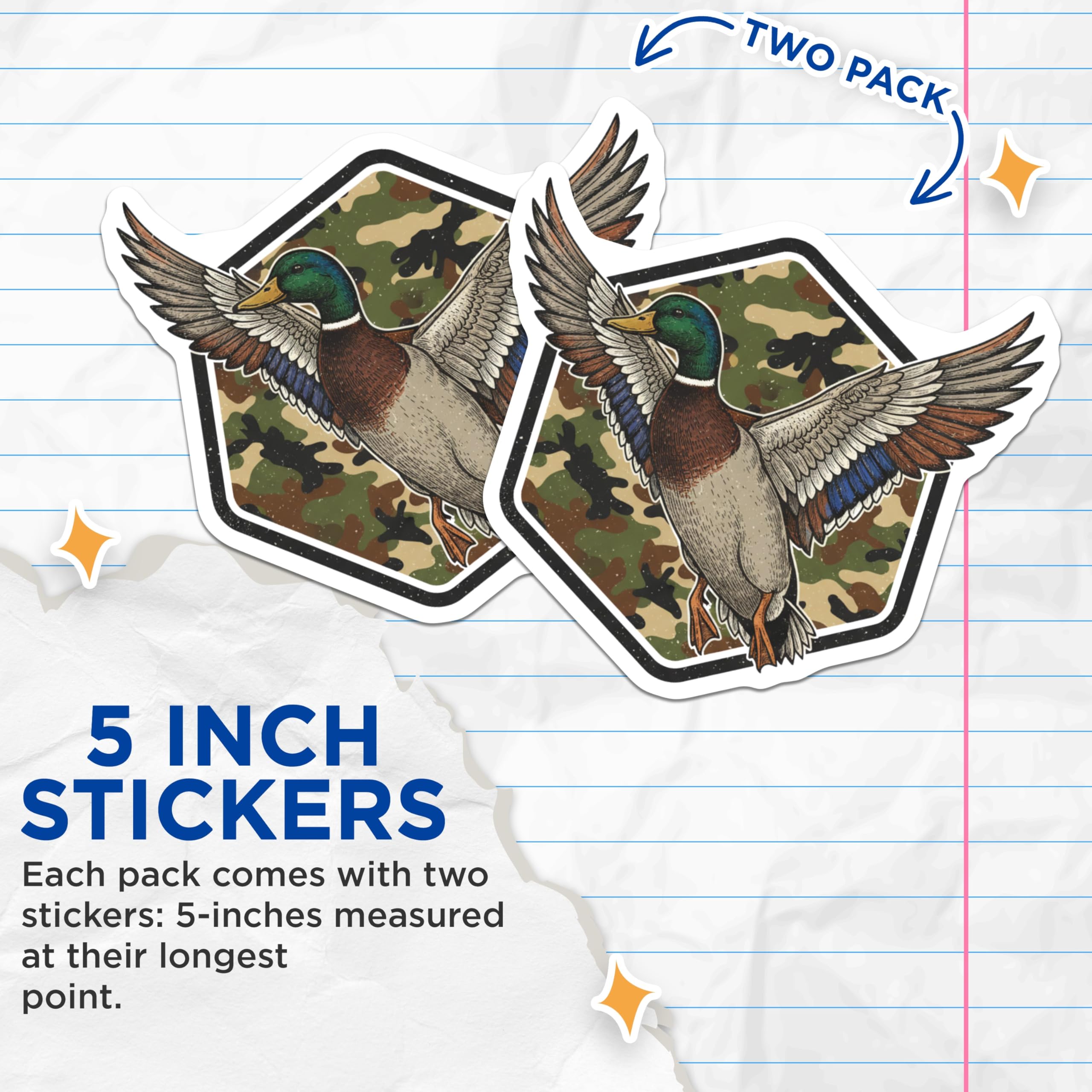 (2 Pack) Flying Duck Stickers - Camouflage Background - Birding Wildlife Stickers - 5" On Longest Side - Sticks to Smooth Flat Surfaces - Made in USA - BMCS17332