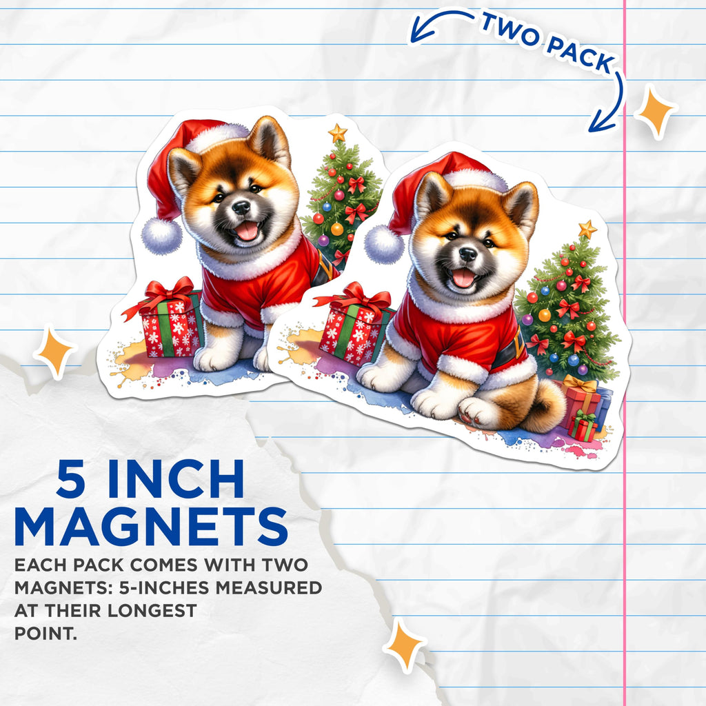 (2 Pack) Christmas Akita Puppy Magnets - Festive Santa Dog Holiday Decor - Cute Xmas Pet Refrigerator Magnets for Home - 5 Inches On Longest Side - Thick Durable Magnet - Made in USA - MAG24008