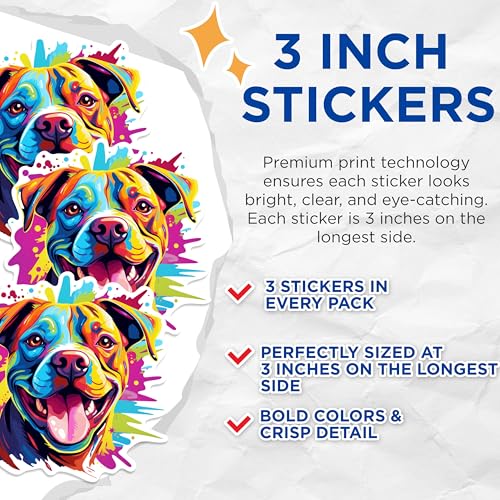 (3 Pack) Colorful Dog Decals - Pitbull Stickers - Laptop Decal - 3 Inches On Longest Side - Easy Peel & Apply - Made in USA - 3MCS0840