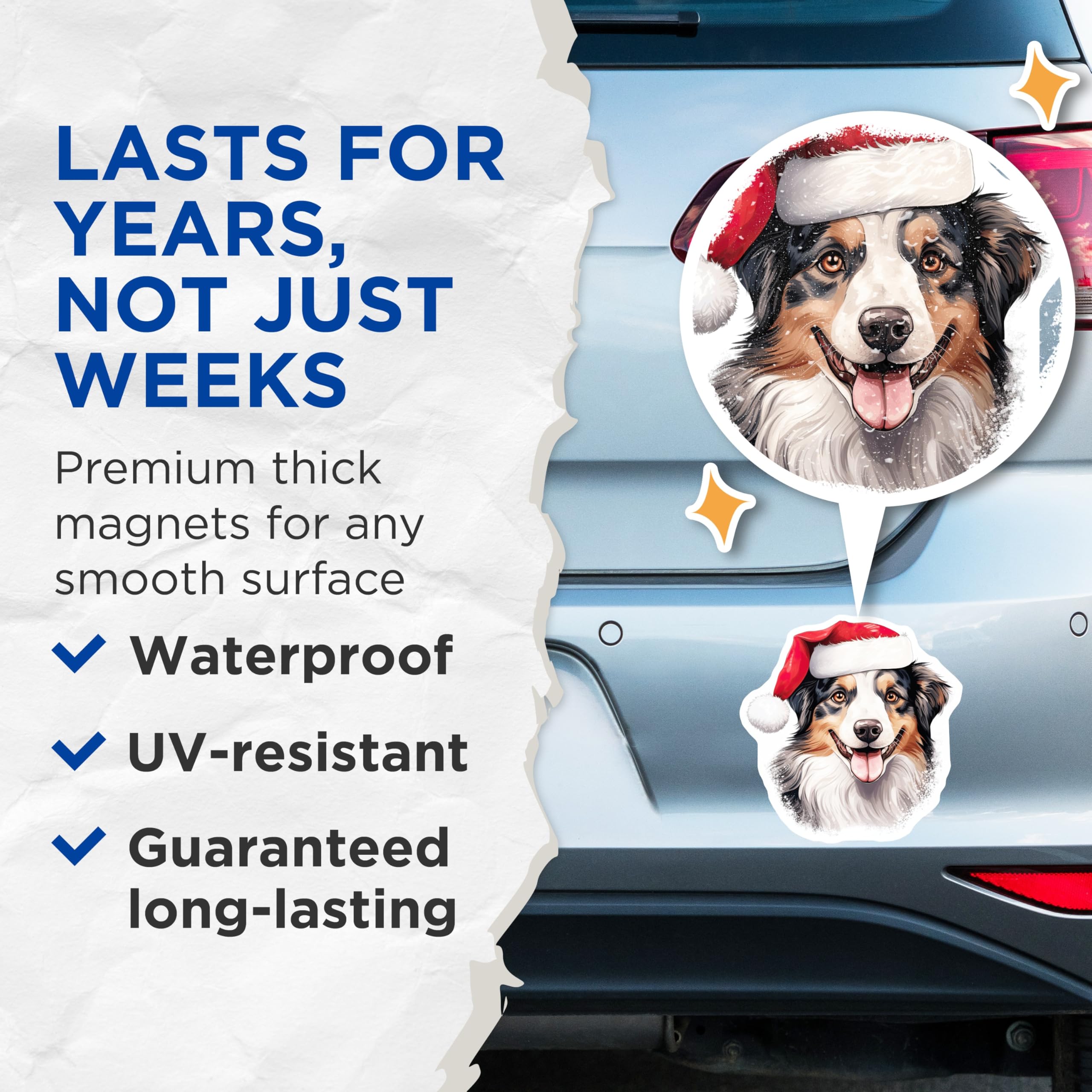 (2 Pack) Christmas Dog Magnets - Santa Hat Australian Shepherd Decor - Holiday Pet Lover Present for Fridge - 5 Inches On Longest Side - Thick Durable Magnet - Made in USA - MAG27263