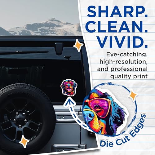 (2 Pack) Colorful Dog Art Stickers - Cool Dog with Sunglasses - Cute Dog Lover Decal - 5" On Longest Side - Sticks to Smooth Flat Surfaces - Made in USA - BMCS7236