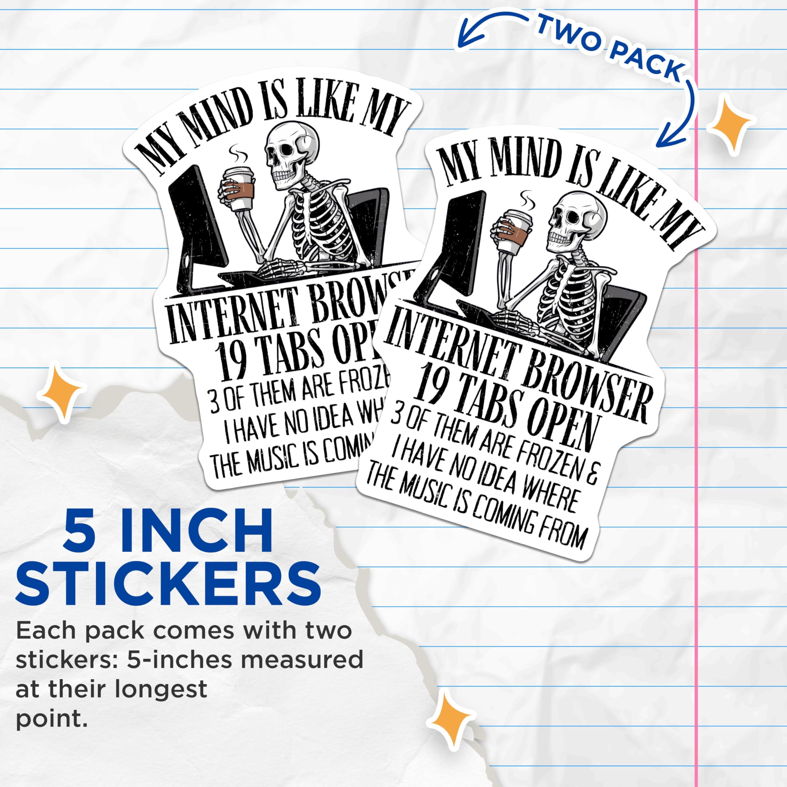 (2 Pack) Funny Skeleton Coffee Stickers - Hilarious IT Humor Stickers - Computer Geek Stickers - 5" On Longest Side - Sticks to Any Smooth Flat Surface - Made in USA - BMCS3426