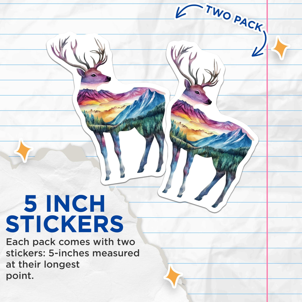 (2 Pack) Deer Mountain Stickers - Watercolor Reindeer - Forest Animal Art - 5" On Longest Side - Sticks to Smooth Flat Surfaces - Made in USA - BMCS15695