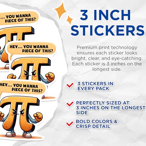 (3 Pack) Angry Pi Decals - Funny Math Pun - Laptop Decals - 3 Inches On Longest Side - Easy Peel & Apply - Made in USA - 3MCS6930