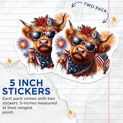 (2 Pack) Highland Cow Stickers - Patriotic Animal Art - Fourth of July Celebration - 5" On Longest Side - Sticks to Smooth Flat Surfaces - Made in USA - BMCS6367