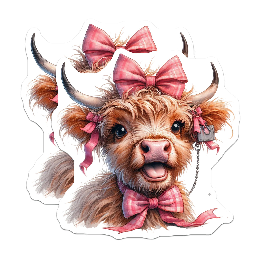 (2 Pack) Highland Cow Magnets - Adorable Pink Bow Baby Calf - Farmhouse Country Kitchen Refrigerator Decor - 5 Inches On Longest Side - Thick Durable Magnet - Made in USA - MAG39054