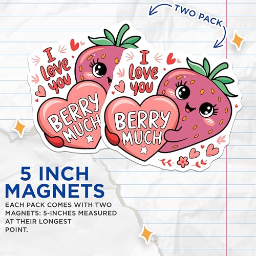 (2 Pack) I Love You Berry Much Magnets - Cute Strawberry Cartoon Magnets - Adorable Fruit Magnets for Fridge - 5" On Longest Side - for Cars, Refrigerators, Toolboxes, Lockers - Made in USA BMCS3500