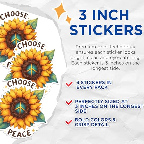 (3 Pack) Choose Peace Decals - Sunflower Art Decal - Laptop Decals - 3 Inches On Longest Side - Easy Peel & Apply - Made in USA - 3MCS1424