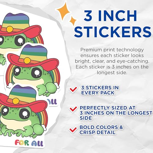 (3 Pack) Rainbow Frog Decals - Pride Cowboy Hat - Laptop Decal - 3 Inches On Longest Side - Easy Peel & Apply - Made in USA - 3MCS6008
