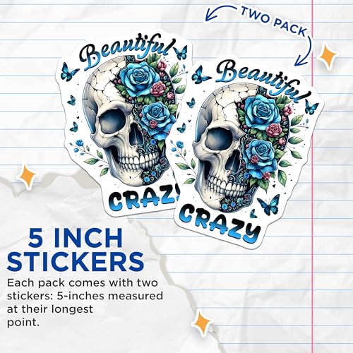 (2 Pack) Beautiful Crazy Skull Stickers - Floral Skull Art - Colorful Butterfly - 5" On Longest Side - Sticks to Smooth Flat Surfaces - Made in USA - BMCS7389