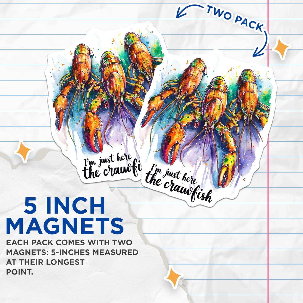 (2 Pack) Vibrant Crawfish Magnets - Funny Seafood Boil Party Decor - Louisiana Cajun Kitchen Fridge Art Collection - 5 Inches On Longest Side - Thick Durable Magnet - Made in USA - MAG19988