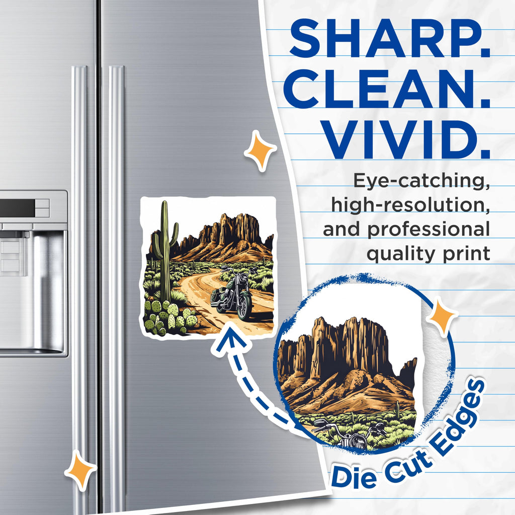 (2 Pack) Motorcycle Desert Magnets - Cactus Landmark Ride - Southwest Vibes Home Decor - 5" On Longest Side - Premium Magnet - for Cars, Refrigerators, Toolboxes, Lockers - Made in USA - MAG18842