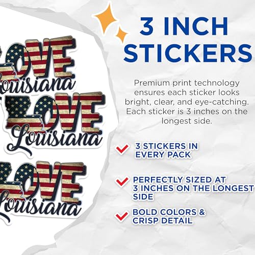 (3 Pack) Louisiana Love Decals - American Flag Pride - Laptop Decal - 3 Inches On Longest Side - Easy Peel & Apply - Made in USA - 3MCS0309