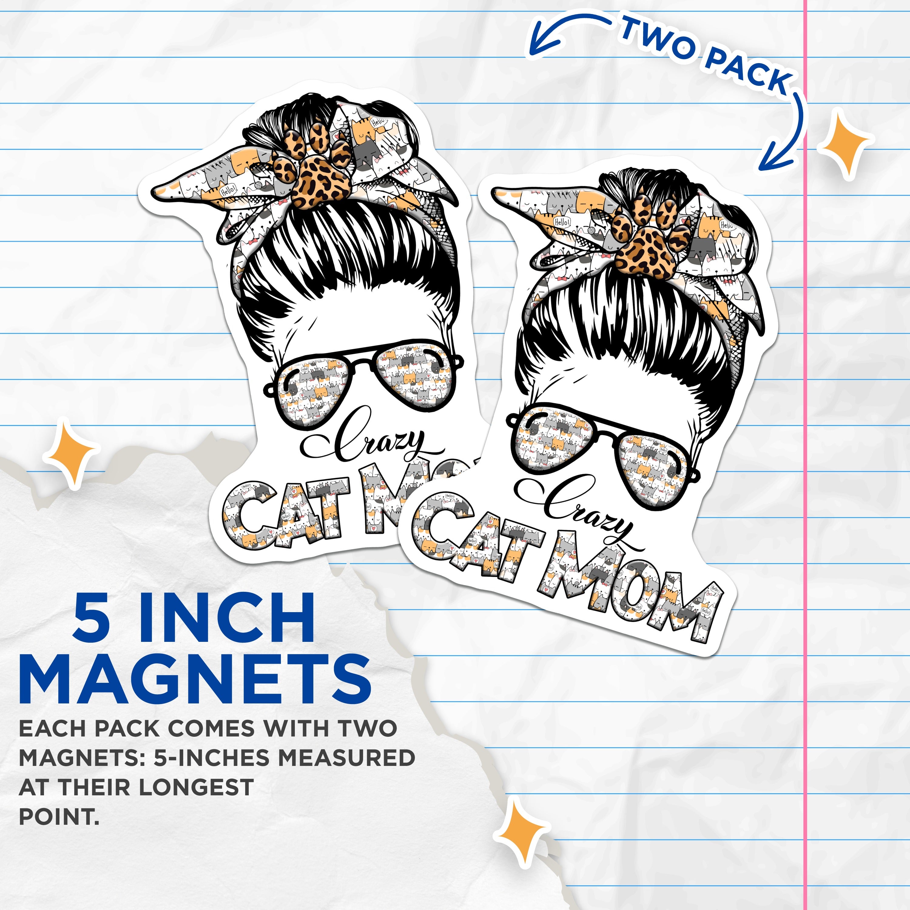 (2 Pack) Crazy Cat Mom Magnets - Messy Bun Cat Lover - Pet Parent Refrigerator Decor - 5 Inches On Longest Side - Thick Durable Magnet - Made in USA - MAG36457
