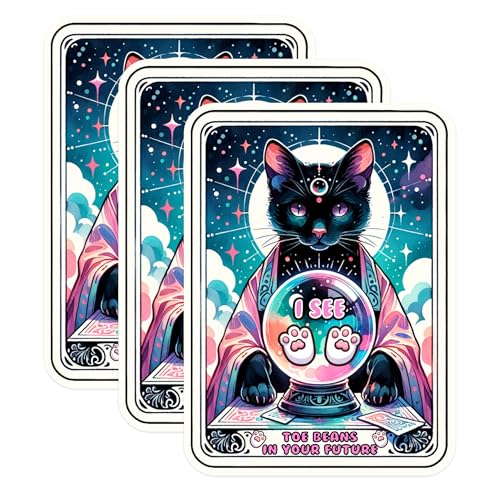 (3 Pack) Fortune Cat Decals - Toe Beans Future - Mystic Kitty Laptop Decal - 3 Inches On Longest Side - Easy Peel & Apply - Made in USA - 3MCS1410