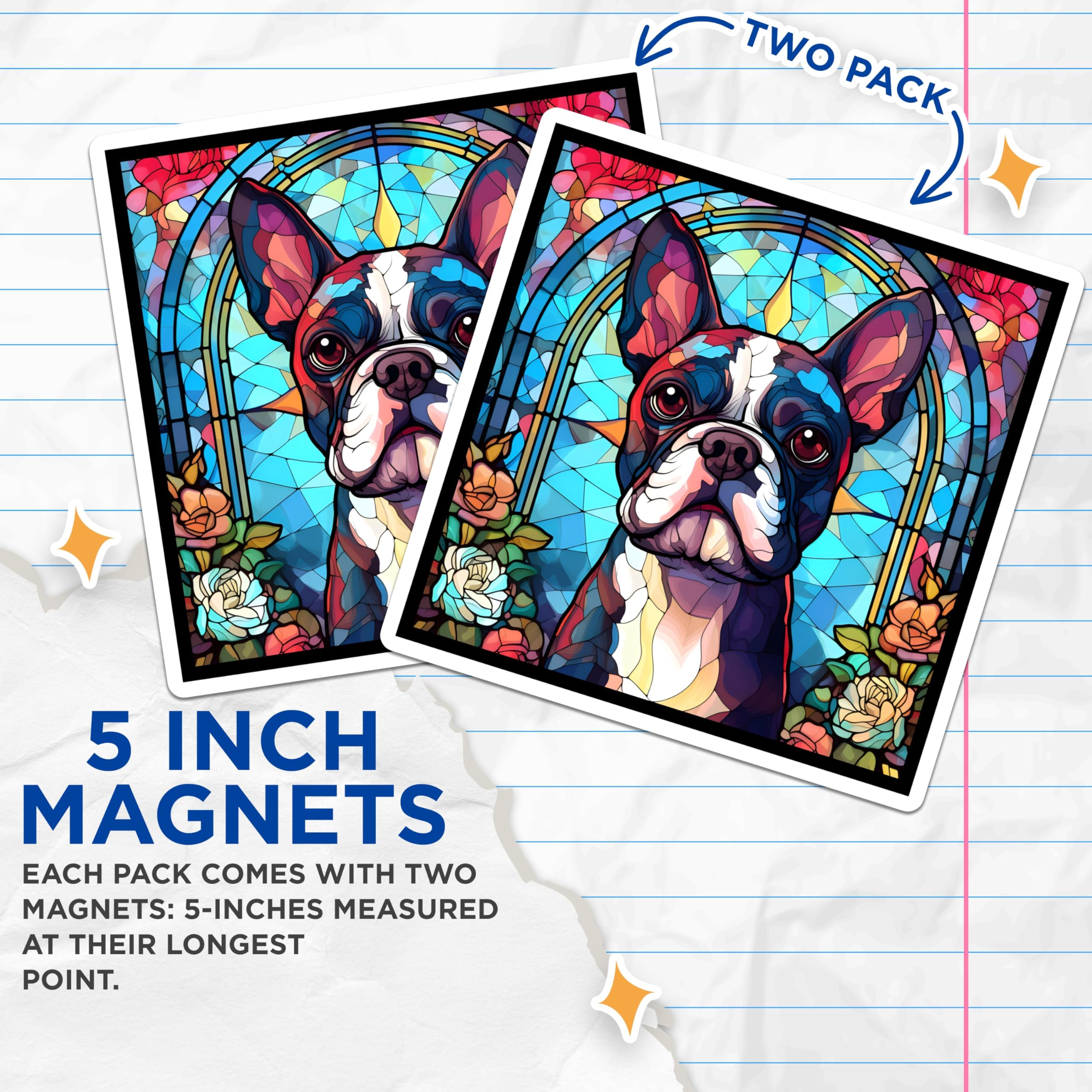 (2 Pack) Boston Terrier Magnets - Stained Glass Dog Art - Refrigerator Decor - 5" On Longest Side - Premium Magnet - for Cars, Refrigerators, Toolboxes, Lockers - Made in USA - MAG14615