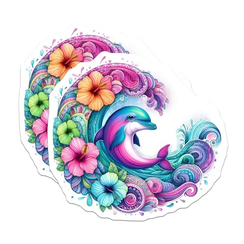 (2 Pack) Dolphin Art Stickers - Vibrant Ocean Animal - Colorful Decorative - 5" On Longest Side - Sticks to Smooth Flat Surfaces - Made in USA - BMCS9482