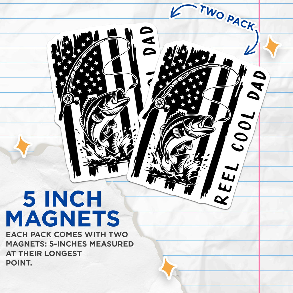 (2 Pack) Fishing Dad Magnets - American Flag Reel Cool Dad - Fishing Lover Decor - 5" On Longest Side - Premium Magnet - for Cars, Refrigerators, Toolboxes, Lockers - Made in USA - MAG14595