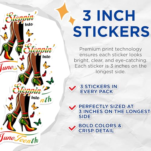 (3 Pack) Juneteenth Decals - Steppin Into Freedom - Black Pride Stickers - 3 Inches On Longest Side - Easy Peel & Apply - Made in USA - 3MCS6119