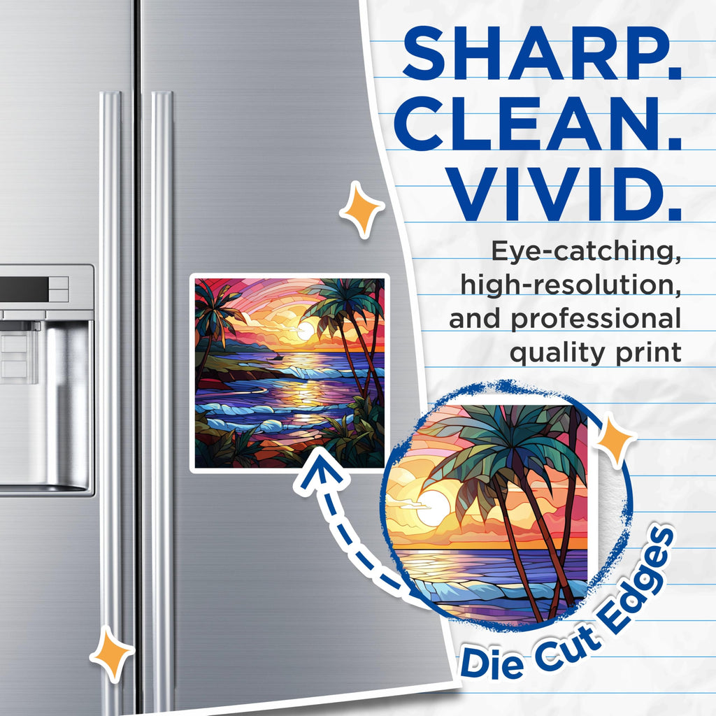 (2 Pack) Stained Glass Sunset Magnets - Tropical Beach Scene - Palm Tree Ocean Art - 5 Inches On Longest Side - Thick Durable Magnet - Made in USA - MAG23924